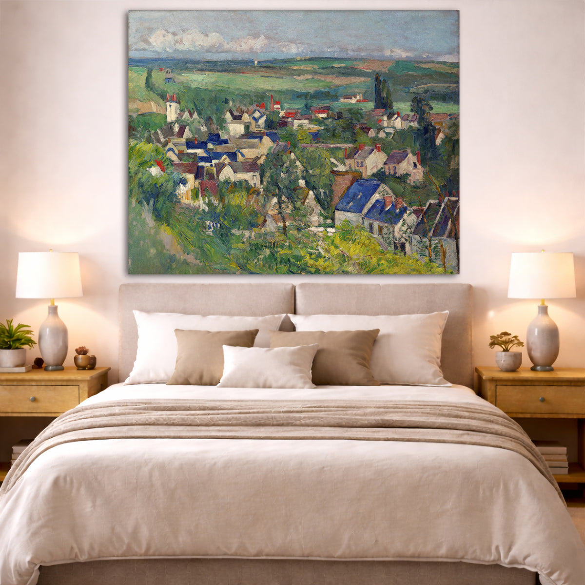 Paul Cézanne - Panoramic View of Auvers Giclée canvas print displayed above a bed in a bedroom interior