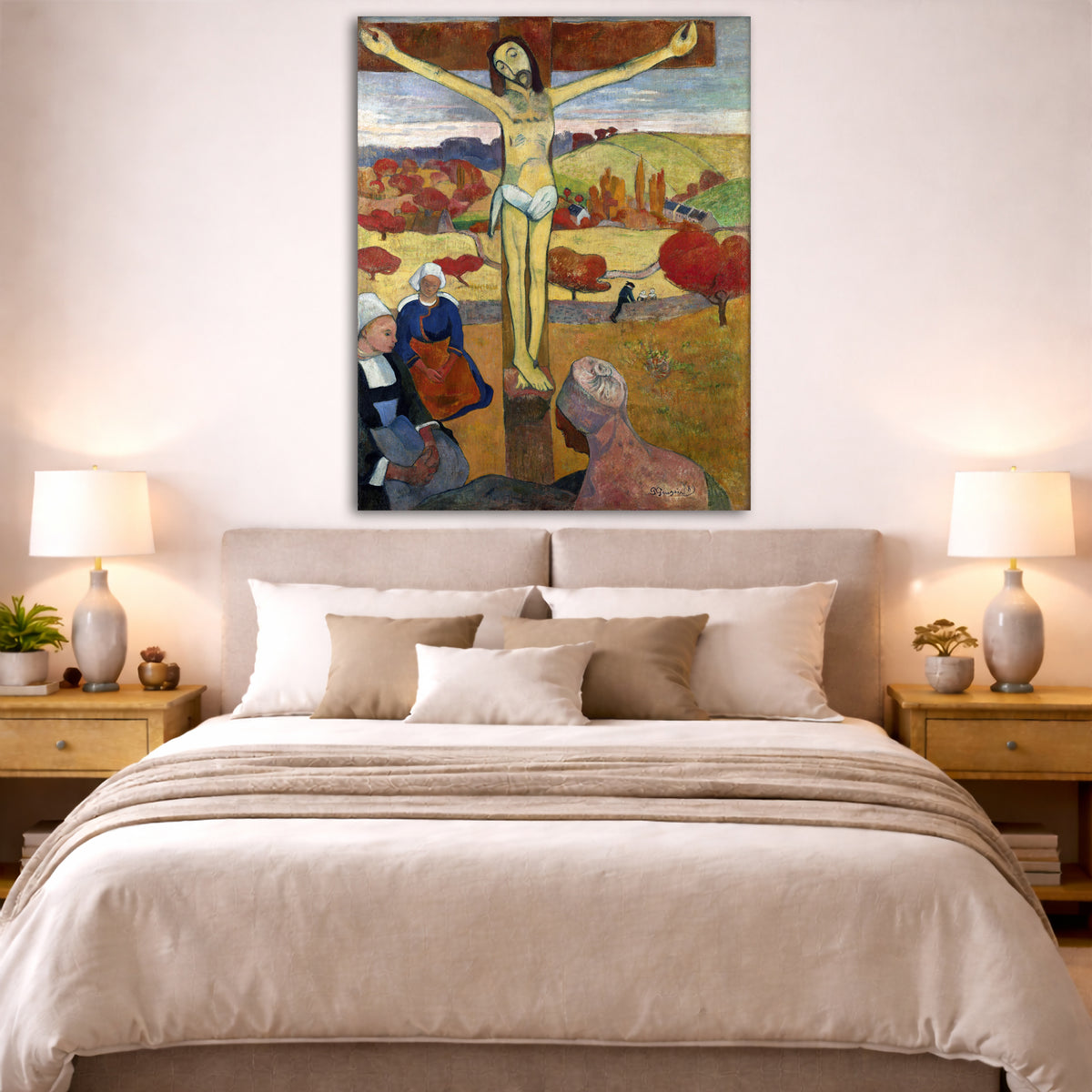 Paul Gauguin - The Yellow Christ Giclée canvas print displayed above a bed in a bedroom interior