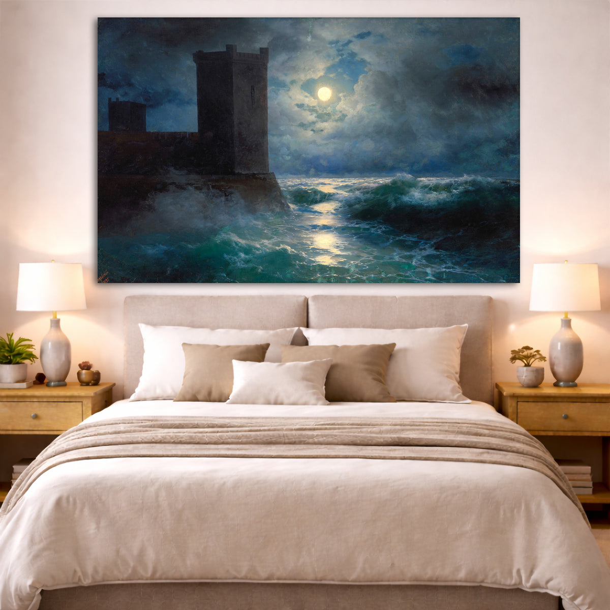 Ivan Aivazovsky - Black Sea Giclée canvas print displayed above a bed in a bedroom interior