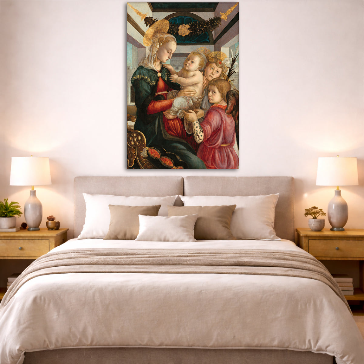 Sandro Botticelli - Madonna and Child with Angels Giclée canvas print displayed above a bed in a bedroom interior
