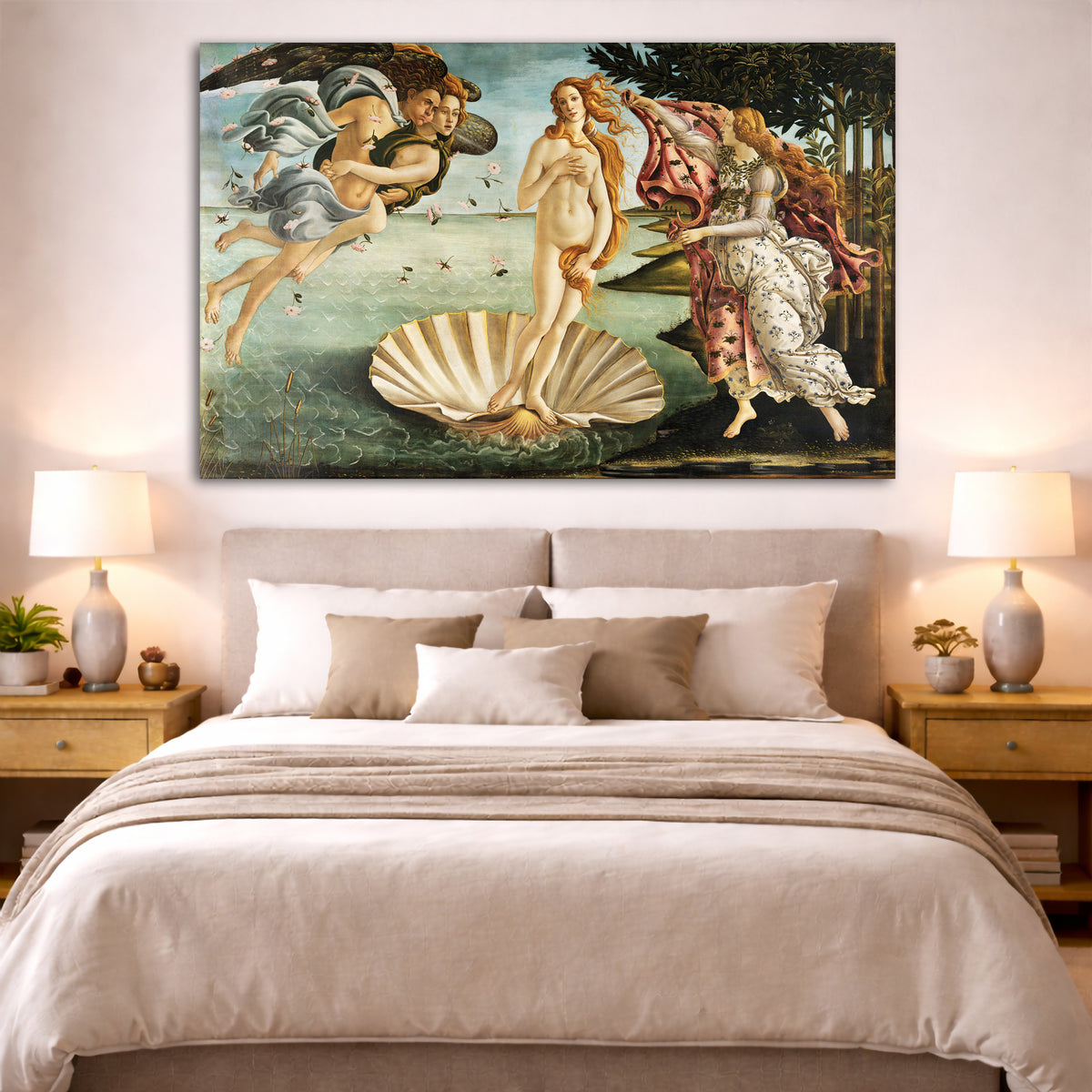 Sandro Botticelli - The Birth of Venus Giclée canvas print displayed above a bed in a bedroom interior