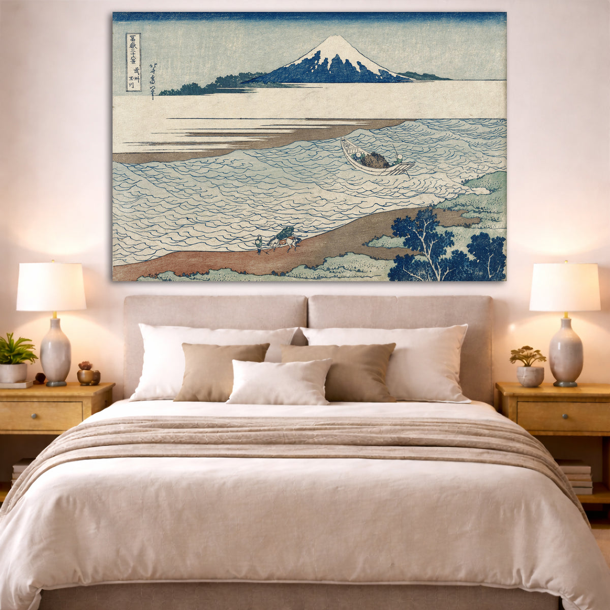 Katsushika Hokusai - Tama River in Musashi Province 1830 Giclée canvas print displayed above a bed in a bedroom interior