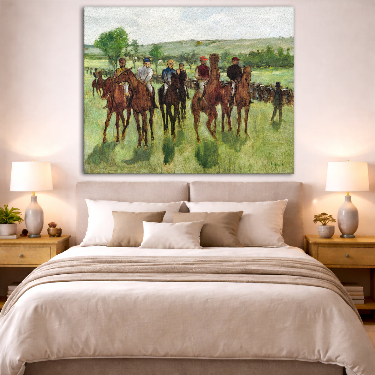 Edgar Degas - Race Horses Giclée canvas print displayed above a bed in a bedroom interior