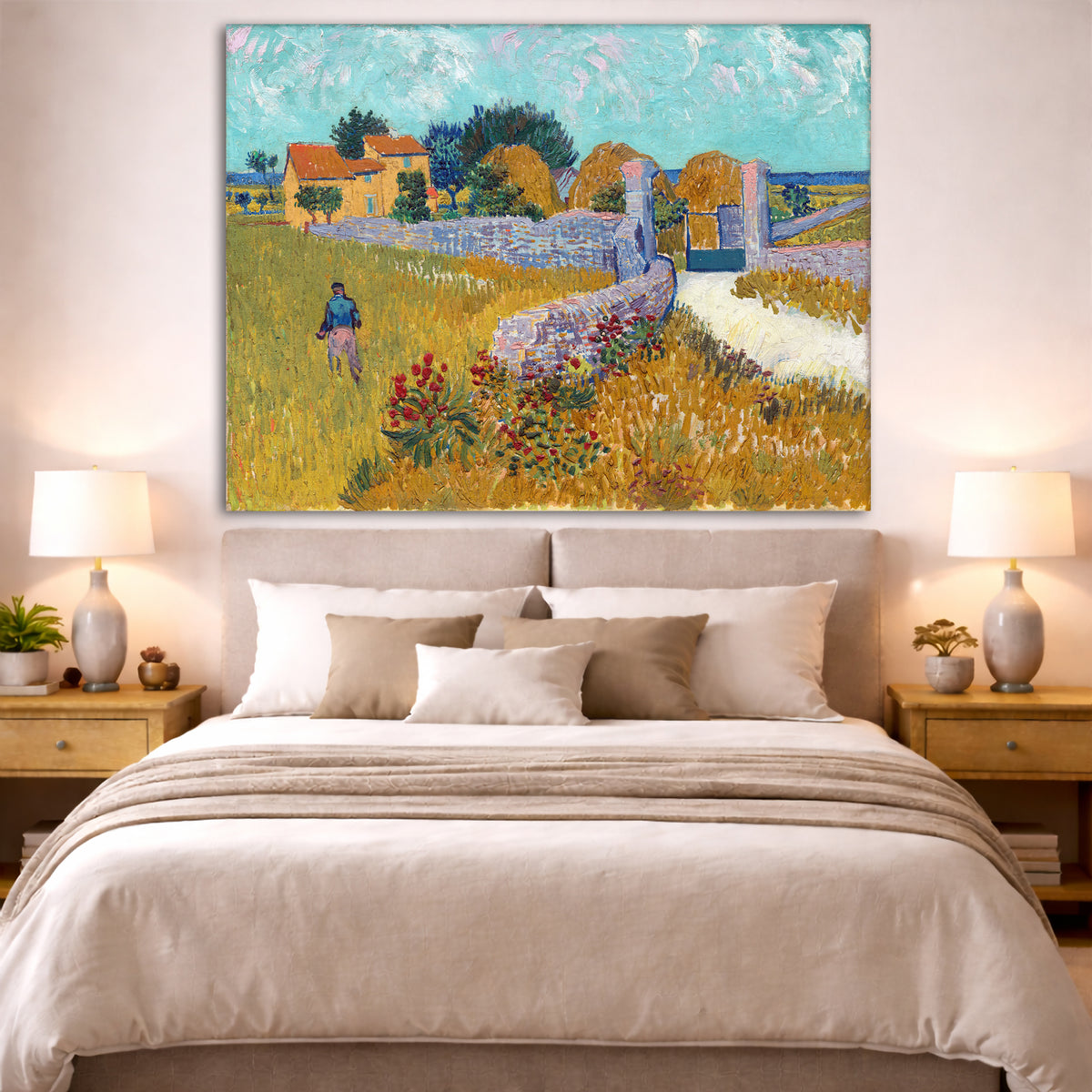 Vincent van Gogh - Farmhouse in Provence Giclée canvas print displayed above a bed in a bedroom interior