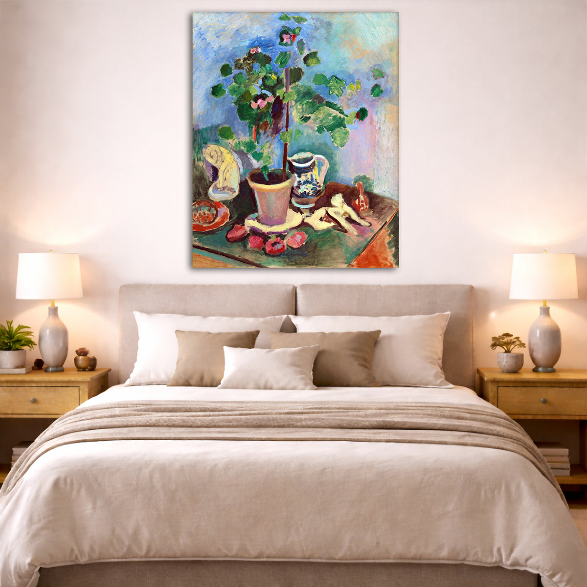 Henri Matisse - Geranium Giclée canvas print displayed above a bed in a bedroom interior