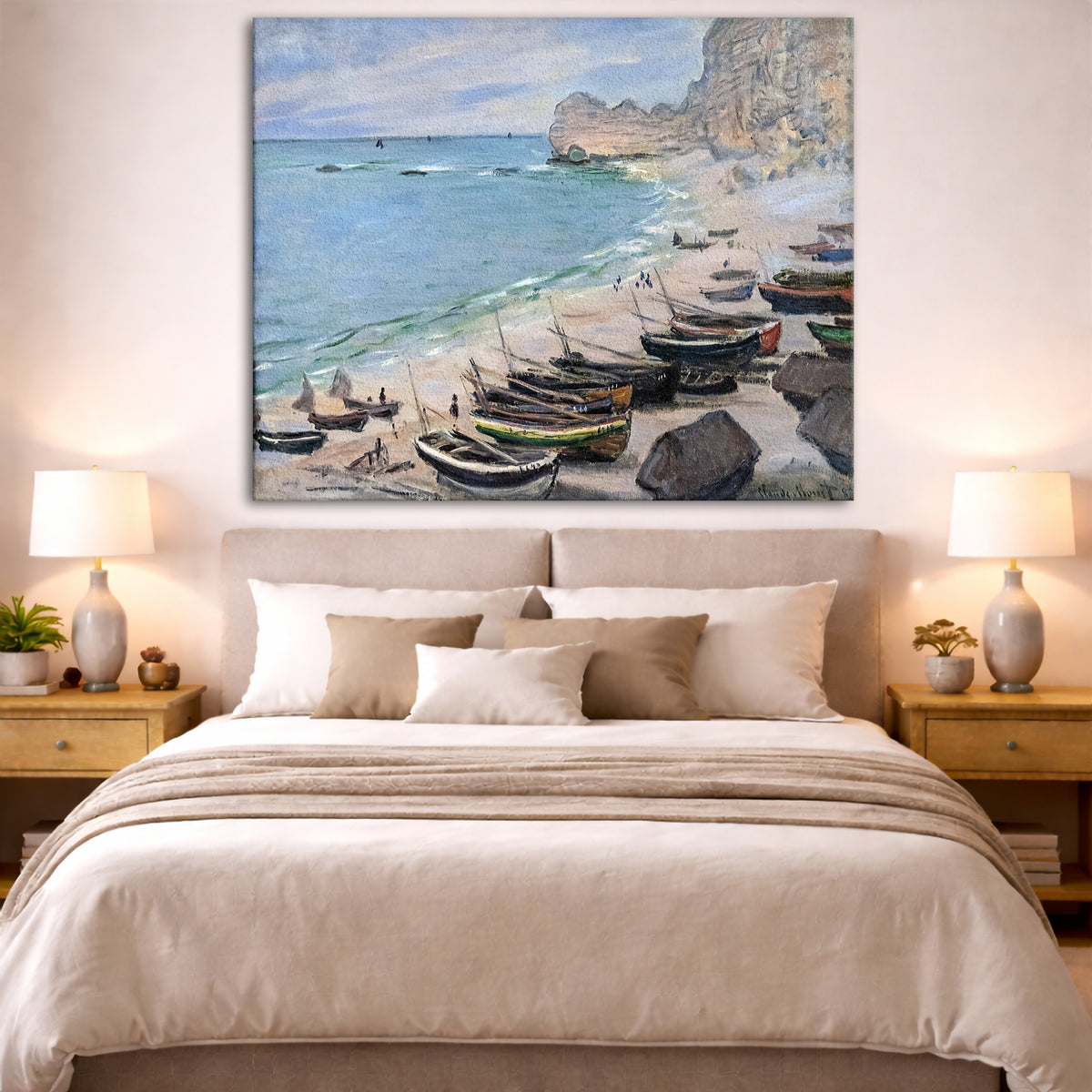Claude Monet - Boats at Etretat Giclée canvas print displayed above a bed in a bedroom interior
