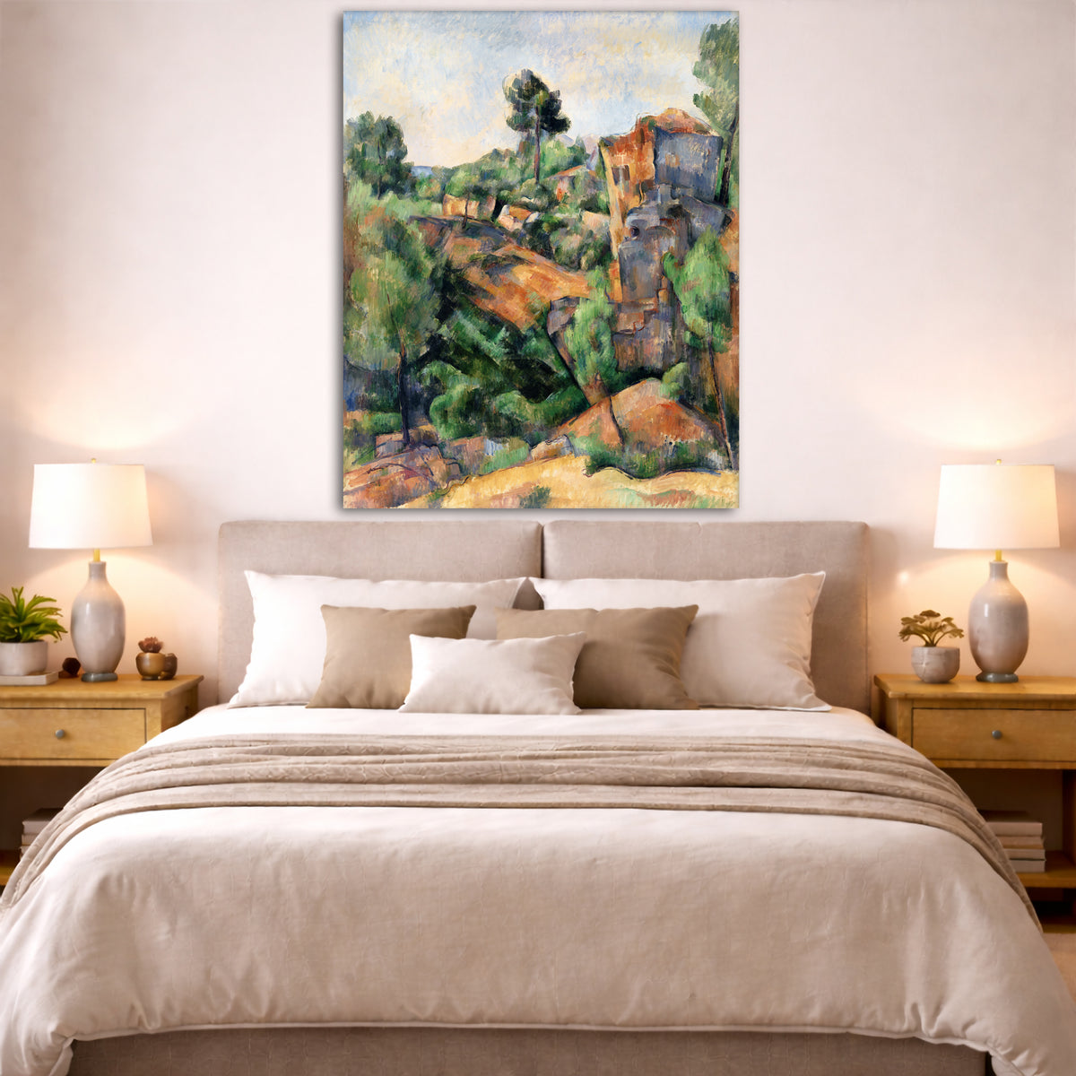 Paul Cézanne - Bibémus Quarry Giclée canvas print displayed above a bed in a bedroom interior