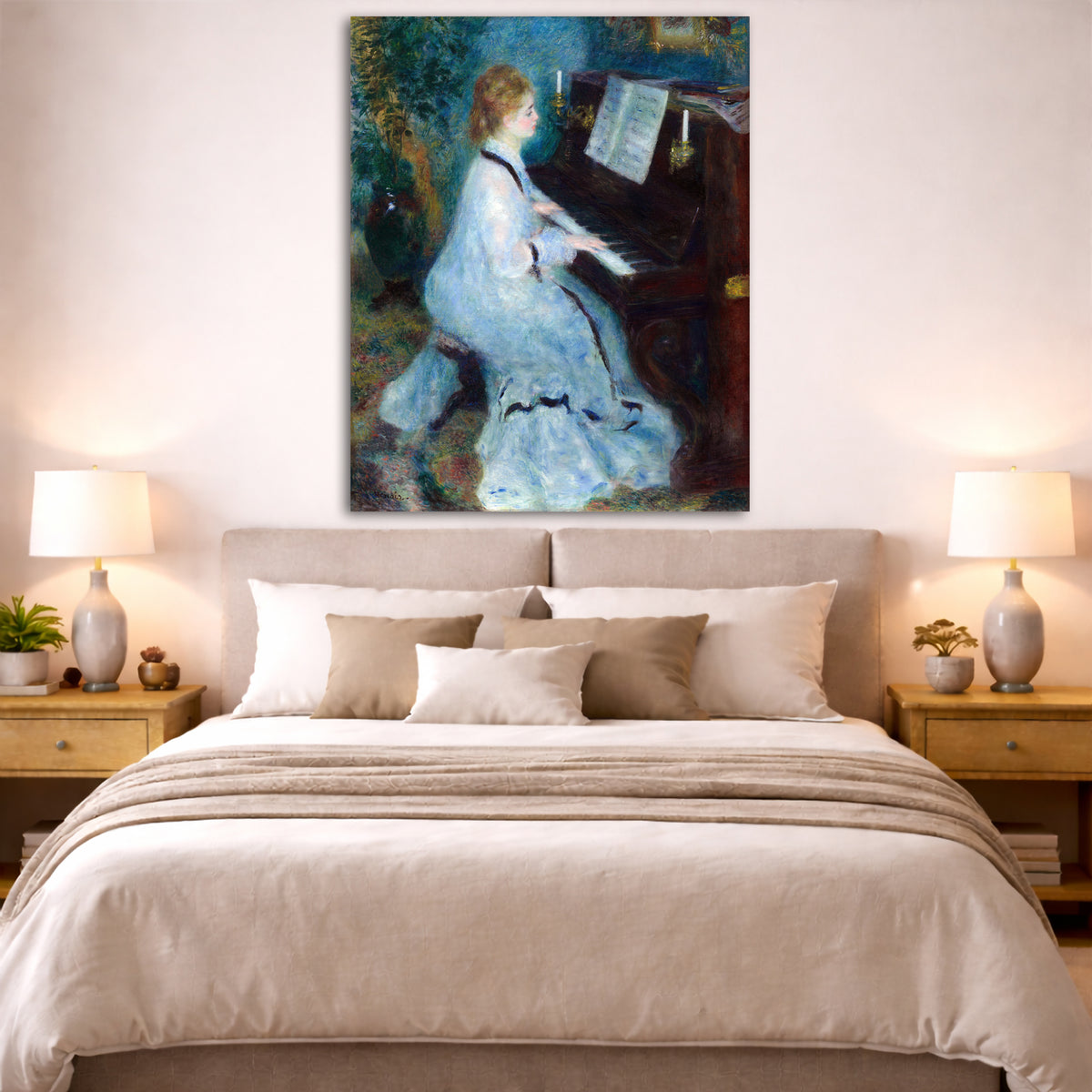 Pierre-Auguste Renoir - Woman at the Piano Giclée canvas print displayed above a bed in a bedroom interior