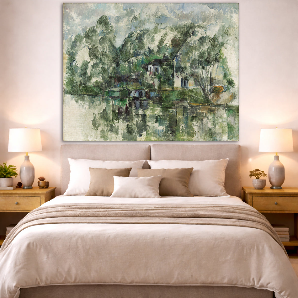 Paul Cézanne - By the Water's Edge Giclée canvas print displayed above a bed in a bedroom interior