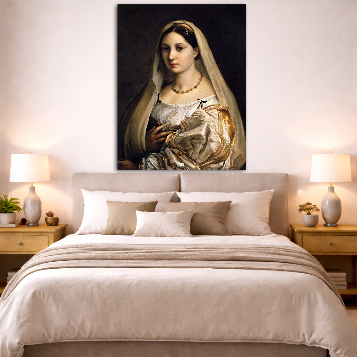 Raphael - Woman with a Veil Giclée canvas print displayed above a bed in a bedroom interior
