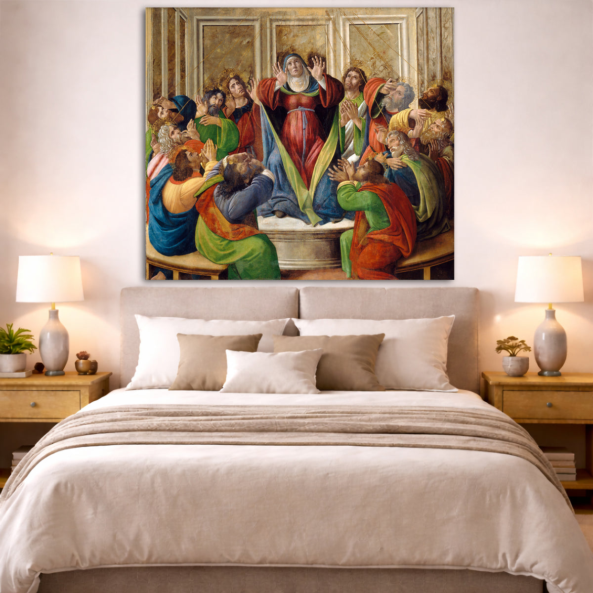 Sandro Botticelli - Descent of the Holy Spirit Giclée canvas print displayed above a bed in a bedroom interior