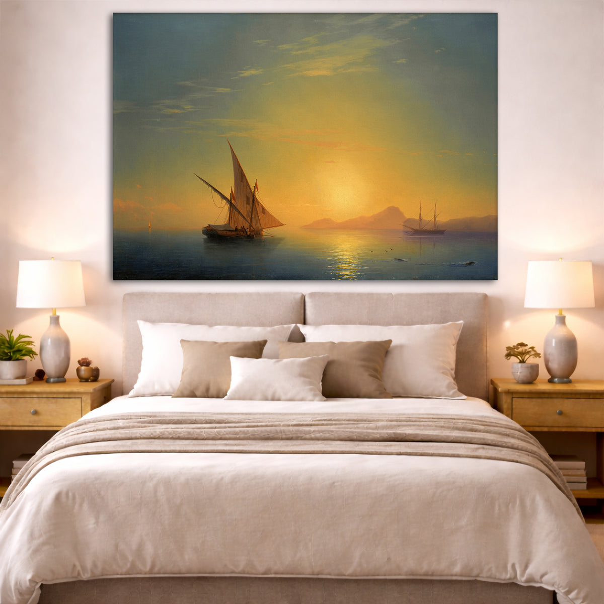 Ivan Aivazovsky - Ischia Island at Sunset Giclée canvas print displayed above a bed in a bedroom interior