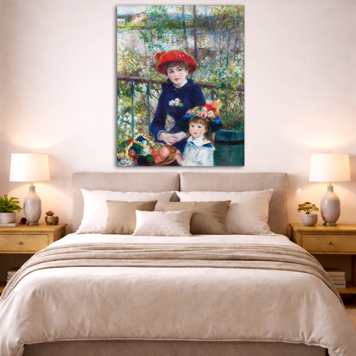 Pierre-Auguste Renoir - Two Sisters on the Terrace Giclée canvas print displayed above a bed in a bedroom interior