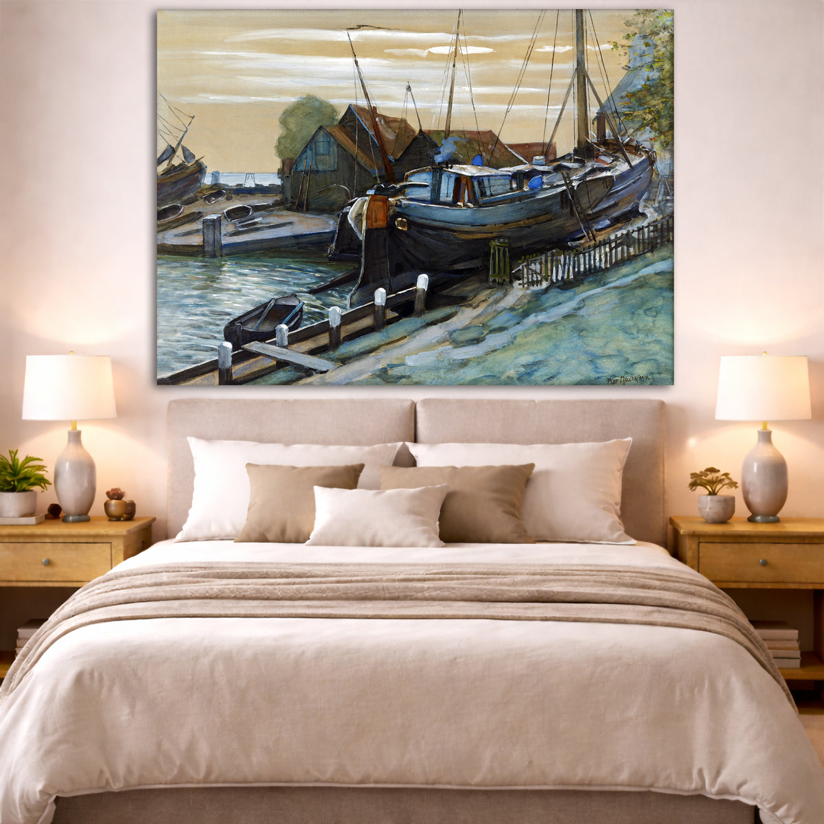 Piet Mondrian - Durgerdam Harbour Giclée canvas print displayed above a bed in a bedroom interior