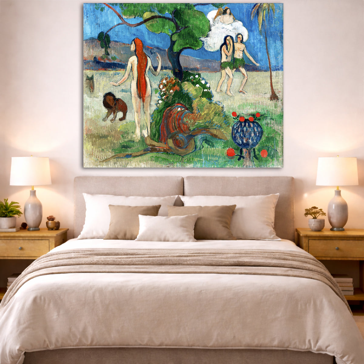 Paul Gauguin - Paradise Lost Adam and Eve Giclée canvas print displayed above a bed in a bedroom interior