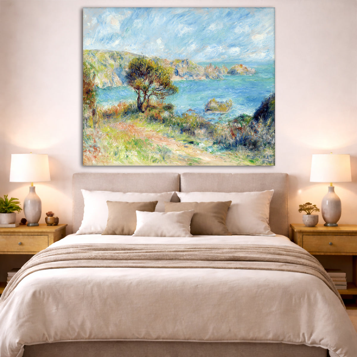 Pierre-Auguste Renoir - View at Guernsey Giclée canvas print displayed above a bed in a bedroom interior