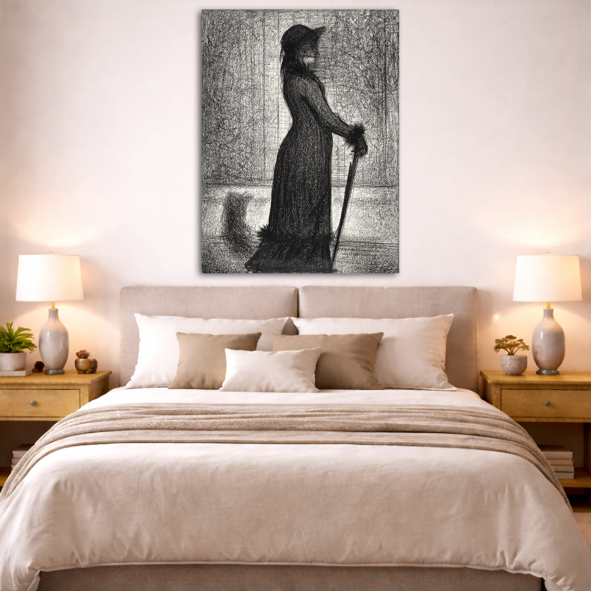 Georges Seurat - Woman Walking Giclée canvas print displayed above a bed in a bedroom interior
