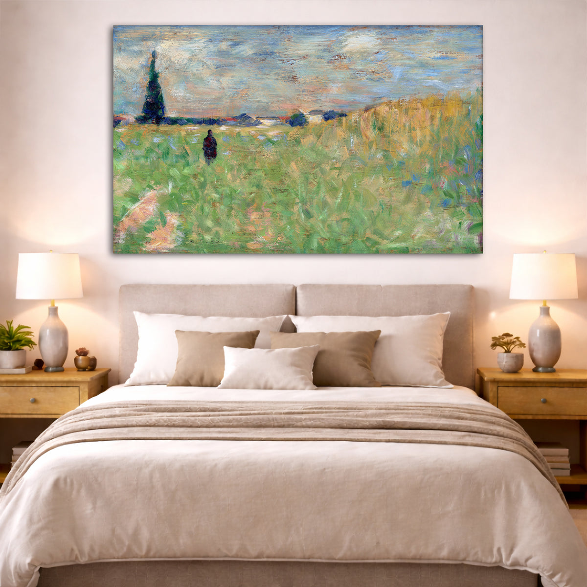 Georges Seurat - Summer Landscape Giclée canvas print displayed above a bed in a bedroom interior