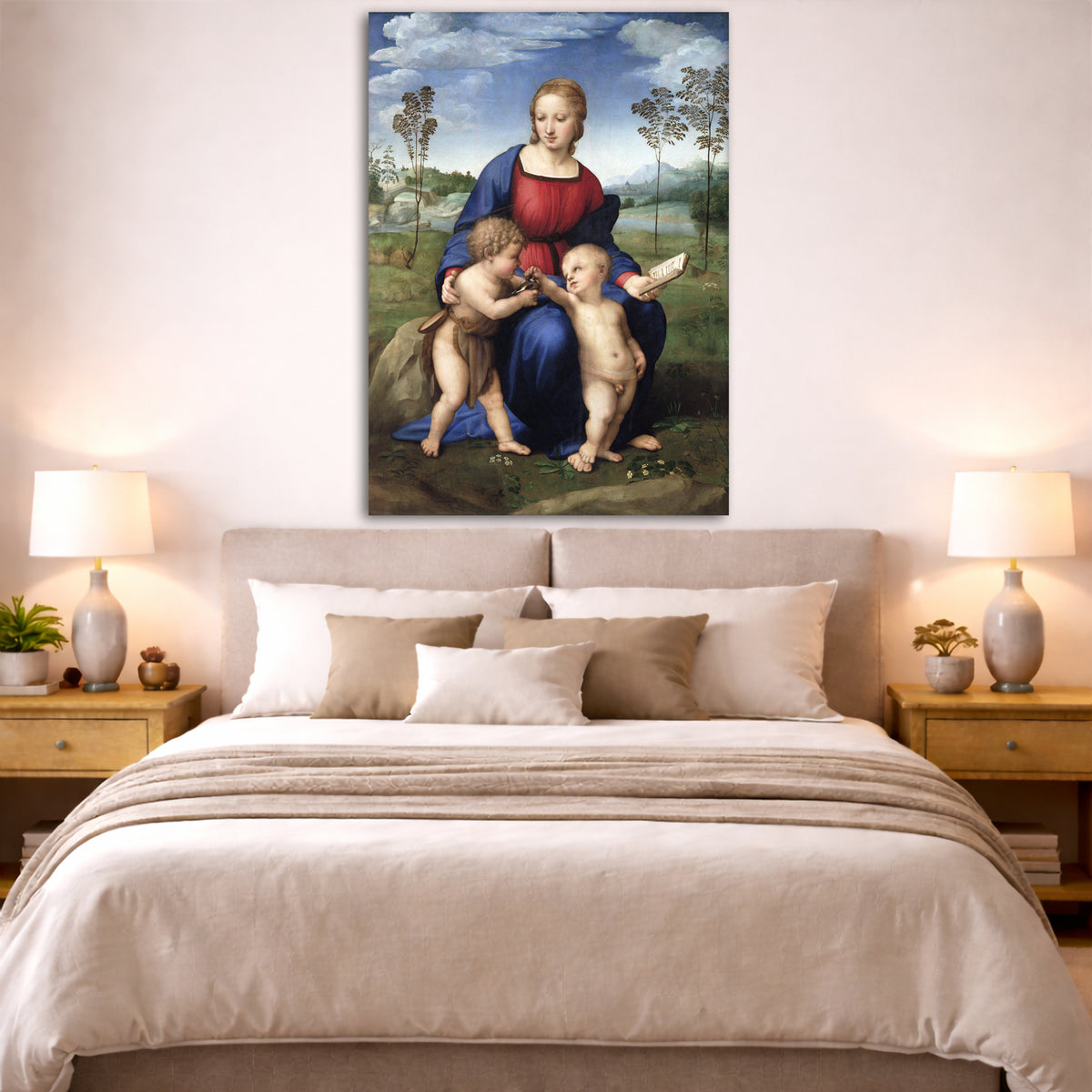Raphael - Madonna of the Goldfinch Giclée canvas print displayed above a bed in a bedroom interior
