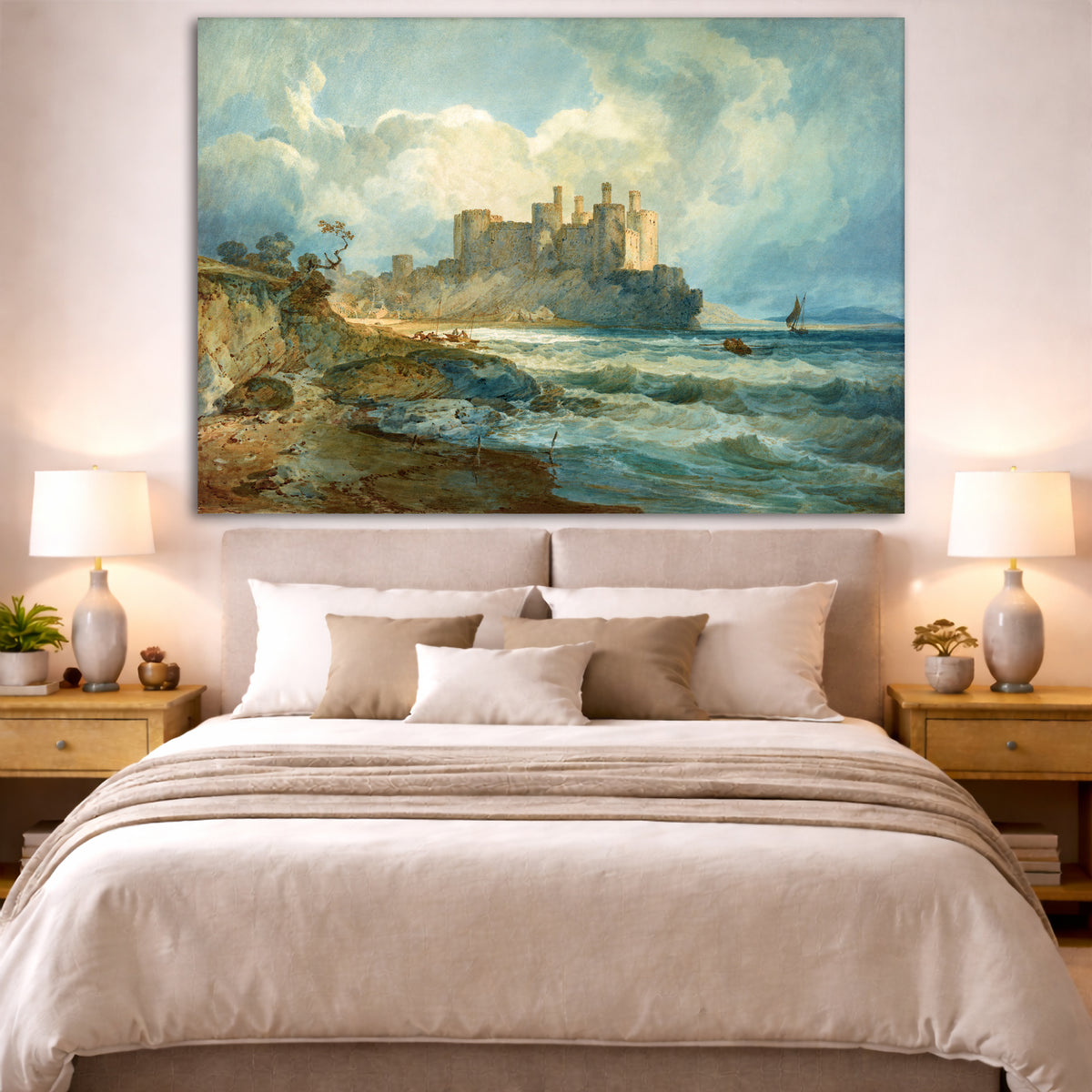 William Turner - Conway Castle North Wales Giclée canvas print displayed above a bed in a bedroom interior