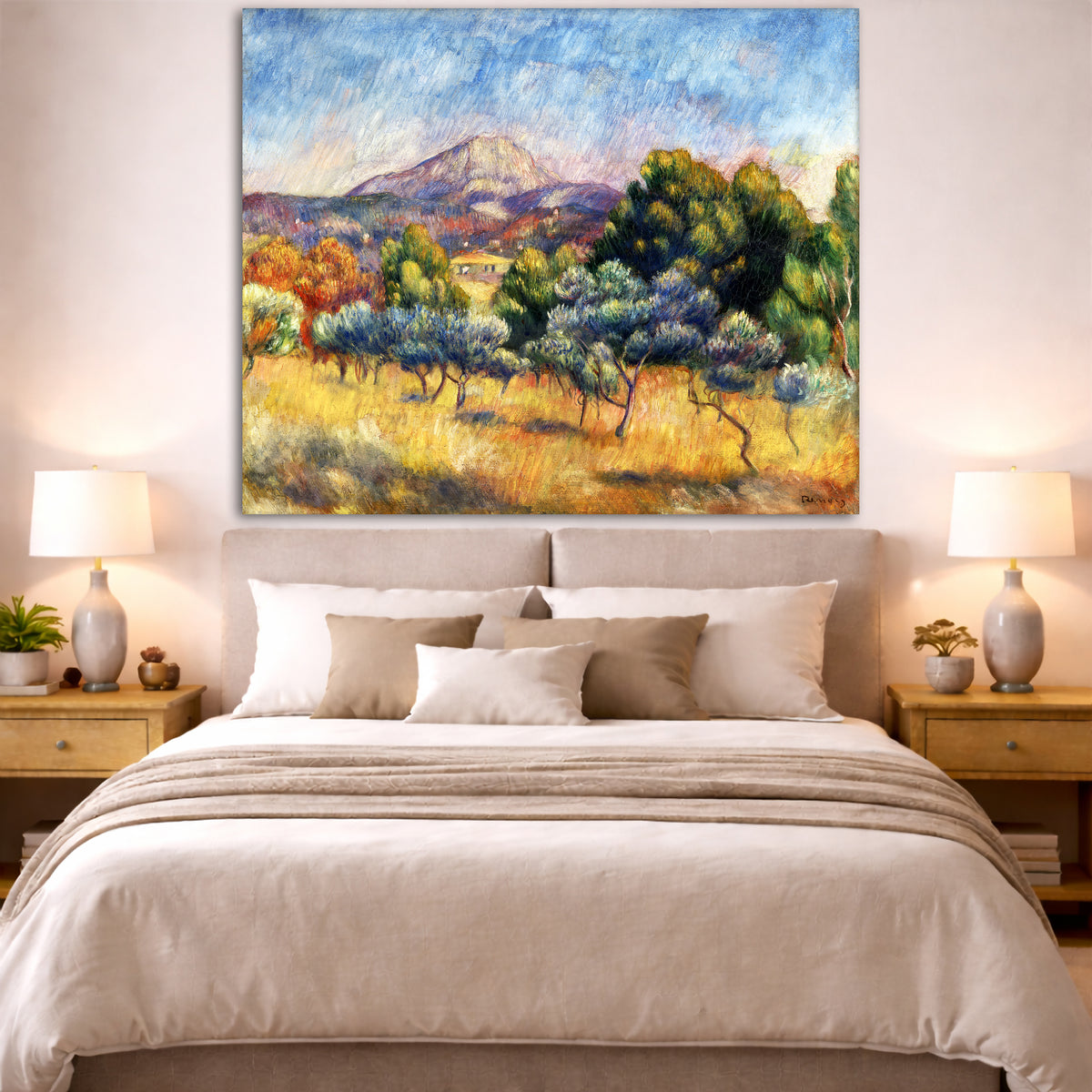 Pierre-Auguste Renoir - Mountain Sainte-Victoire Giclée canvas print displayed above a bed in a bedroom interior