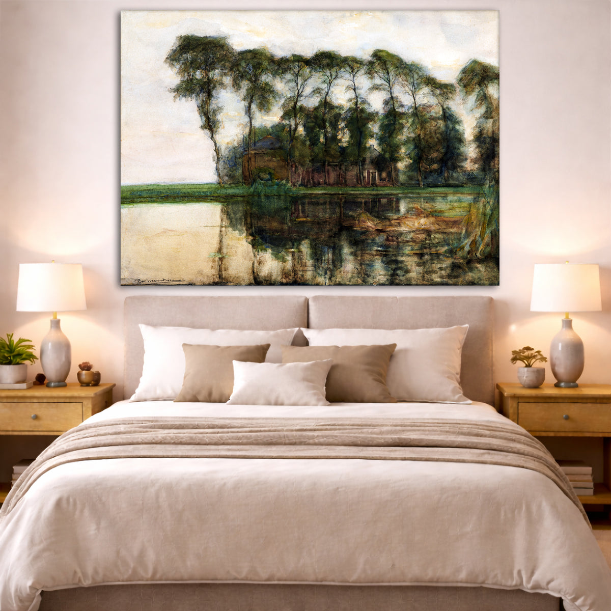 Piet Mondrian - Farm Along the Water Giclée canvas print displayed above a bed in a bedroom interior