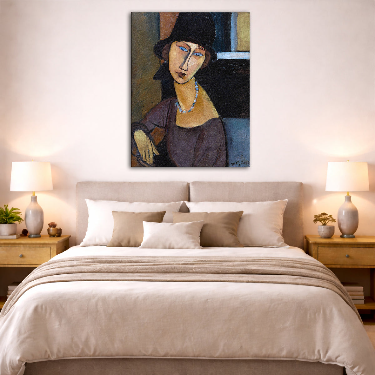 Amedeo Modigliani - Jeanne Hebuterne Hat Giclée canvas print displayed above a bed in a bedroom interior
