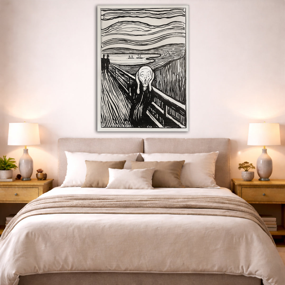 Edvard Munch - The Scream Black White Giclée canvas print displayed above a bed in a bedroom interior