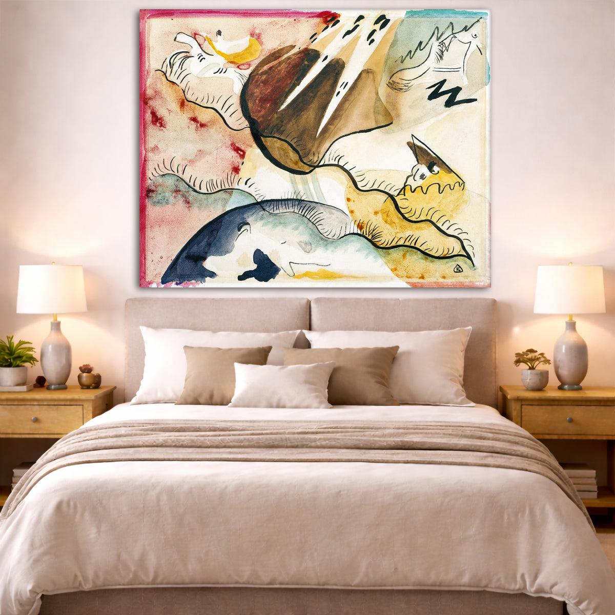 Wassily Kandinsky - Landscape with Rain Giclée canvas print displayed above a bed in a bedroom interior