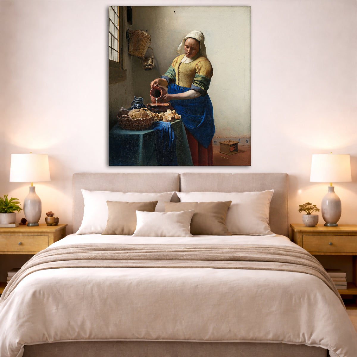 Jan Vermeer - The Milkmaid Giclée canvas print displayed above a bed in a bedroom interior