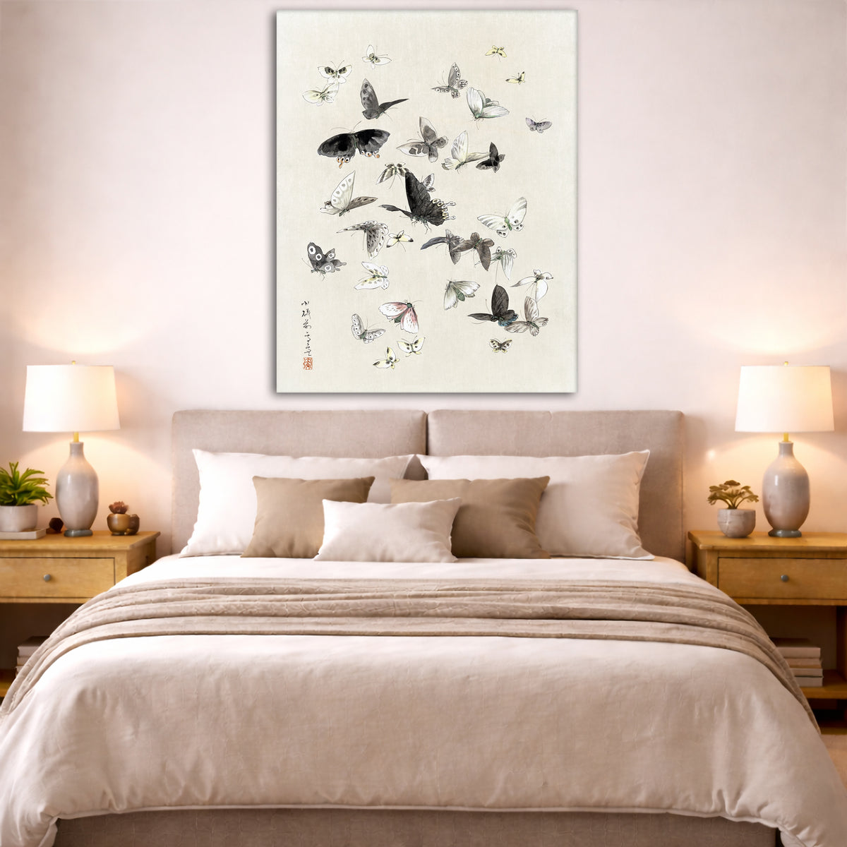 Katsushika Hokusai - Butterflies Giclée canvas print displayed above a bed in a bedroom interior