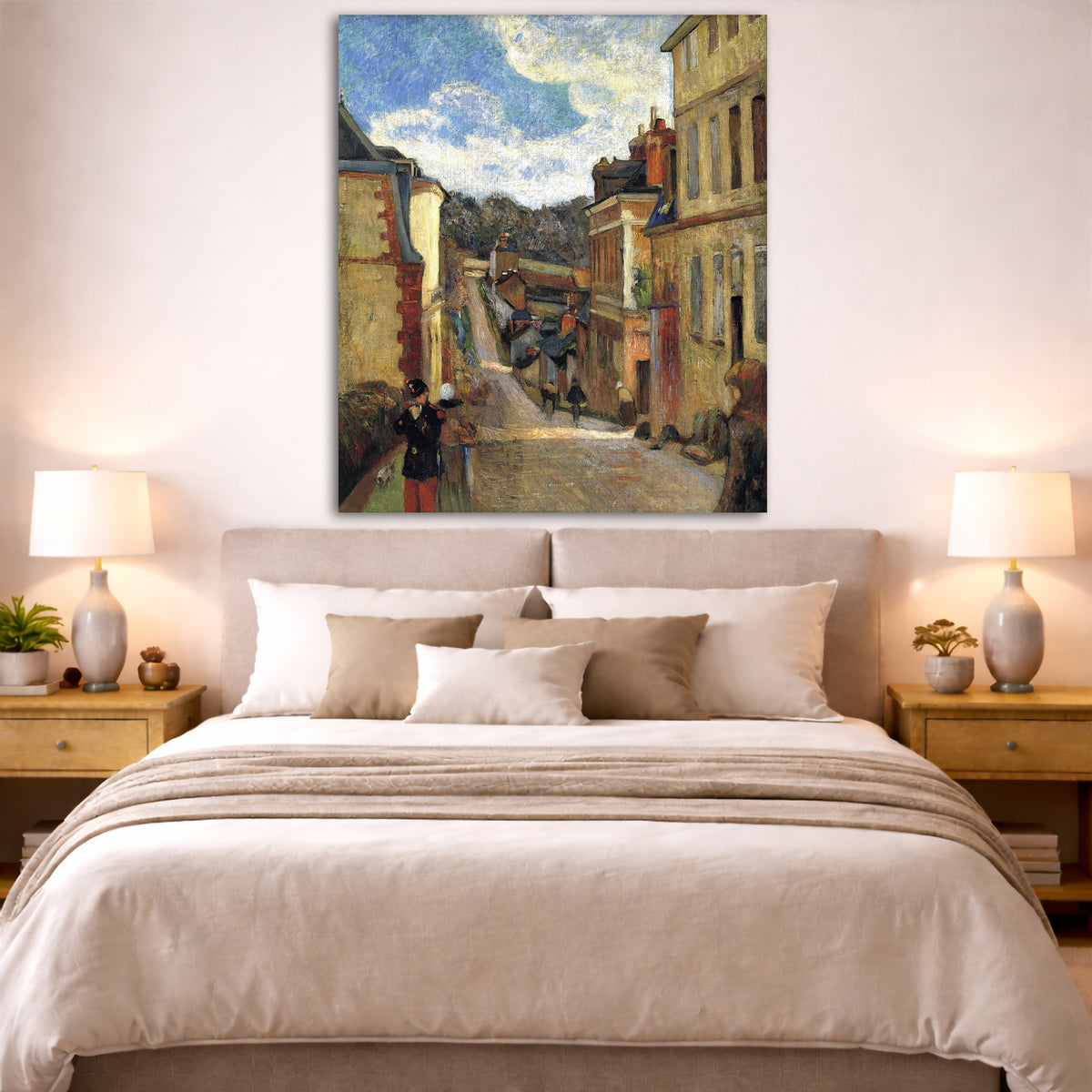 Paul Gauguin - Rue Jouvenet in Rouen Giclée canvas print displayed above a bed in a bedroom interior
