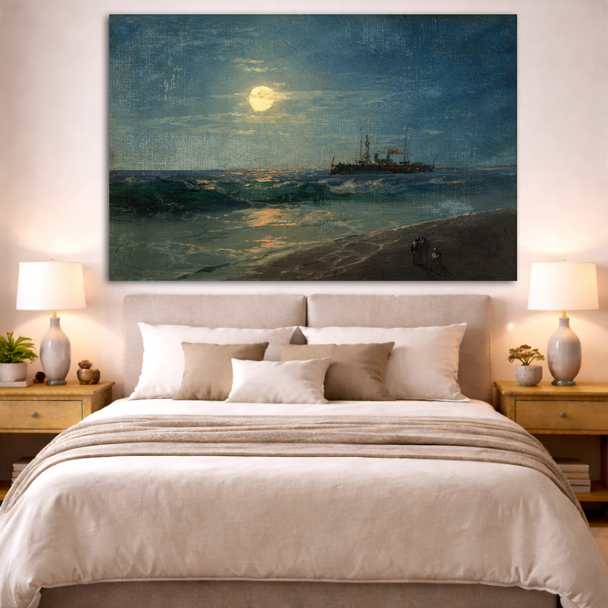 Ivan Aivazovsky - Ship in the Moonlight Giclée canvas print displayed above a bed in a bedroom interior