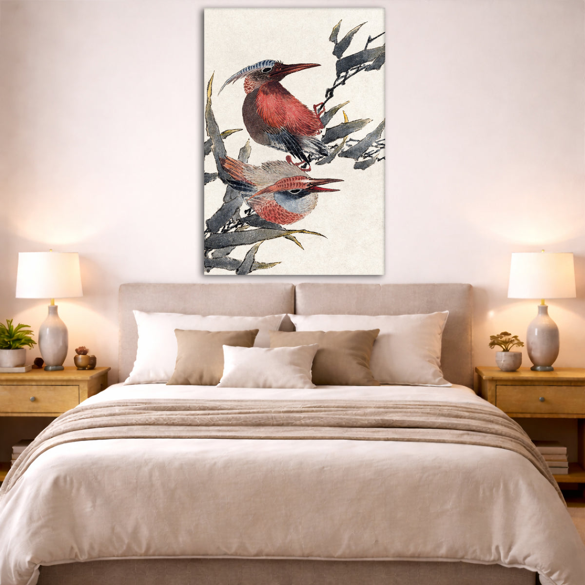 Katsushika Hokusai - Birds Giclée canvas print displayed above a bed in a bedroom interior