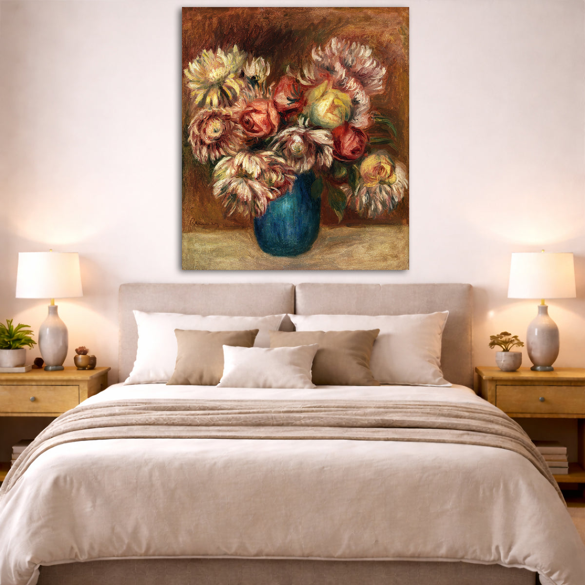 Pierre-Auguste Renoir - Flowers in a Green Vase Giclée canvas print displayed above a bed in a bedroom interior