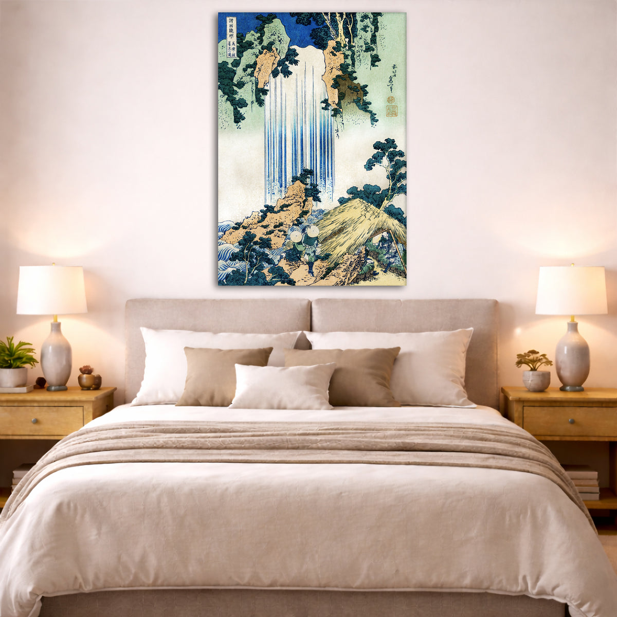 Katsushika Hokusai - Yoro Waterfall Giclée canvas print displayed above a bed in a bedroom interior