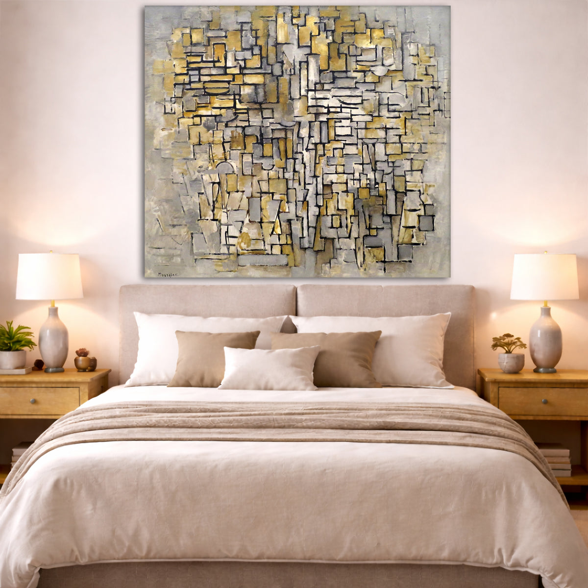 Piet Mondrian - Tableau No 2 Composition VII Giclée canvas print displayed above a bed in a bedroom interior