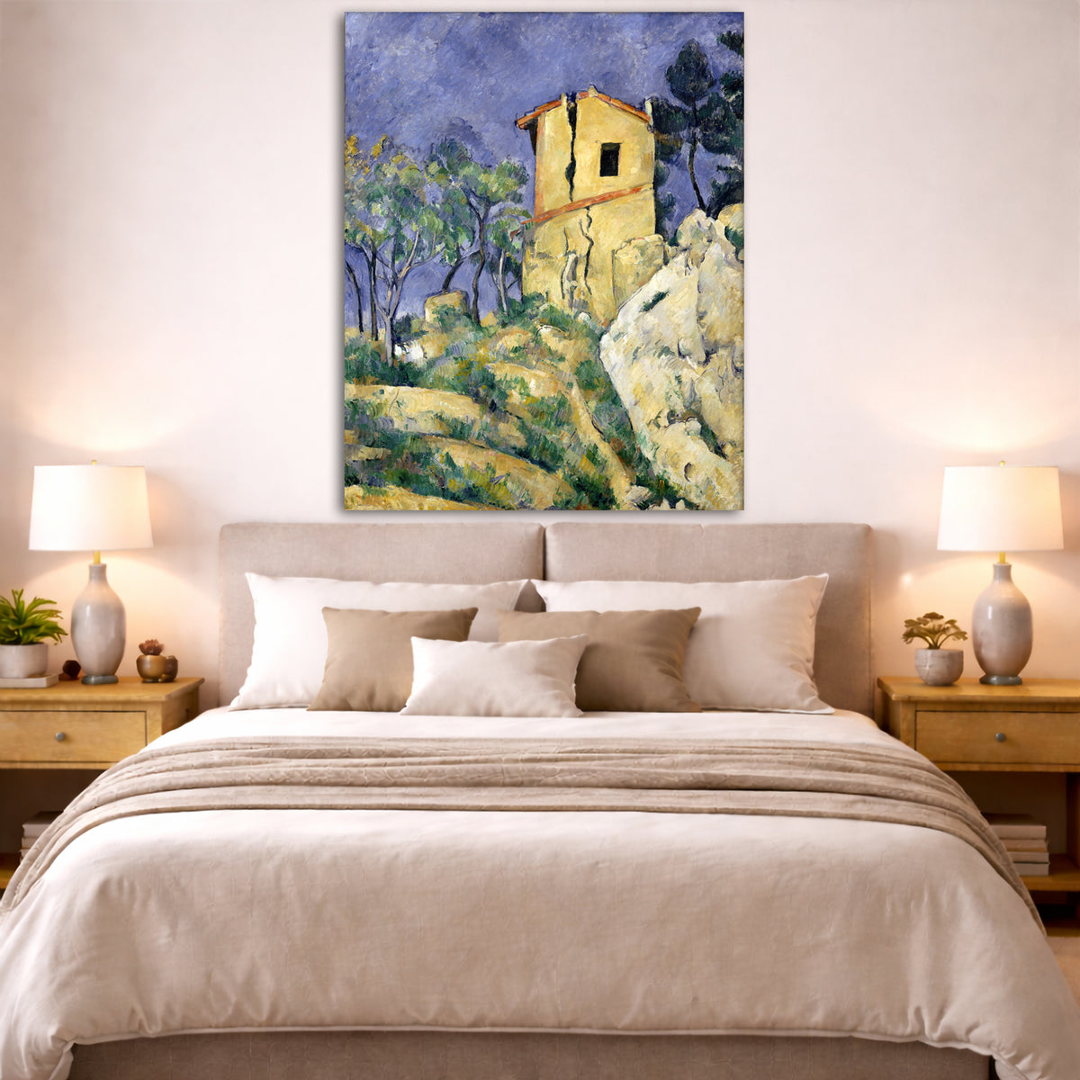 Paul Cézanne - The House with Cracked Walls Giclée canvas print displayed above a bed in a bedroom interior