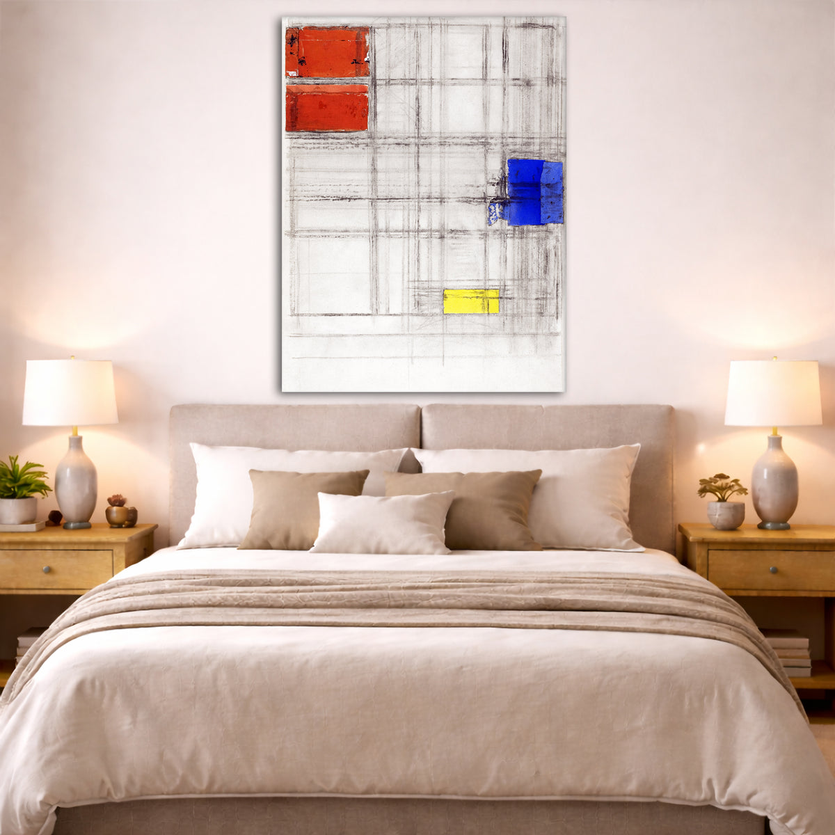 Piet Mondrian - Study for a Composition Giclée canvas print displayed above a bed in a bedroom interior