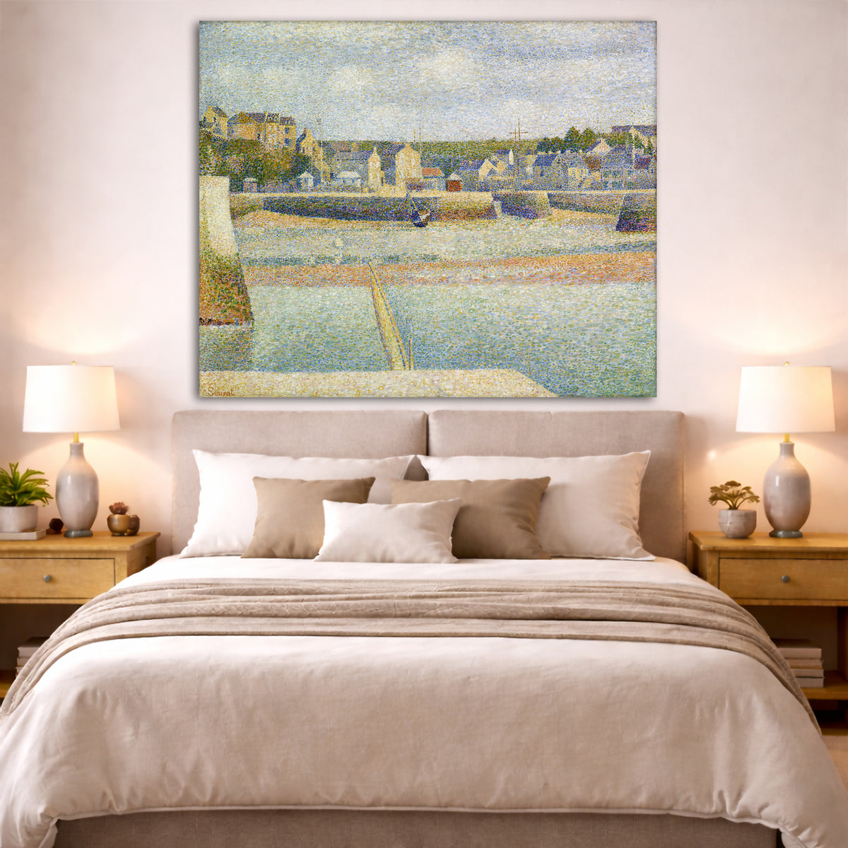 Georges Seurat - The Outer Harbor Giclée canvas print displayed above a bed in a bedroom interior