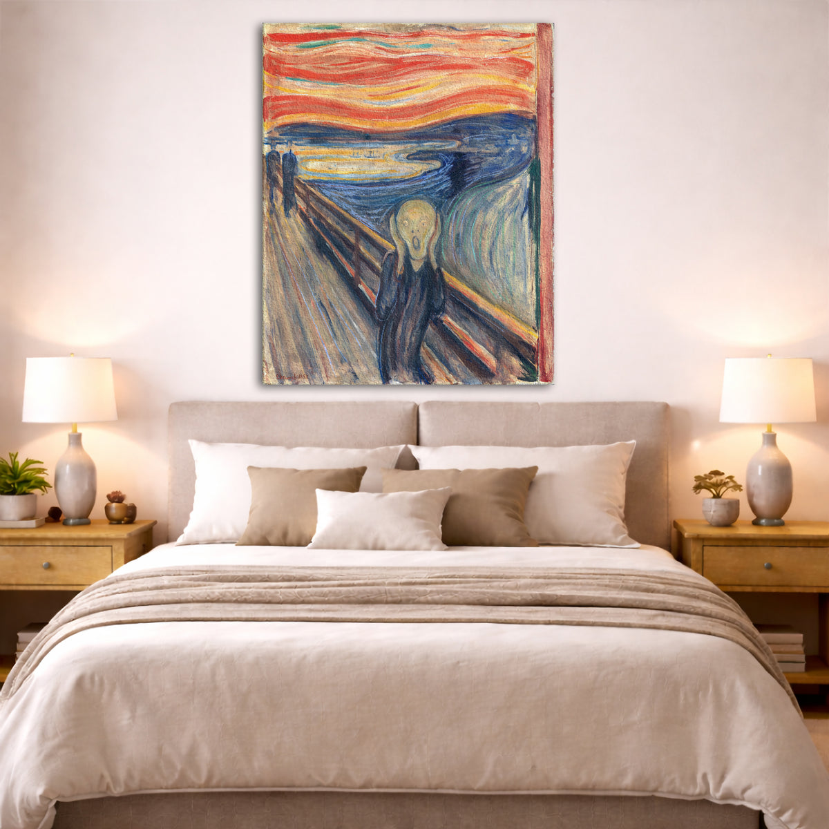 Edvard Munch - The Scream Giclée canvas print displayed above a bed in a bedroom interior