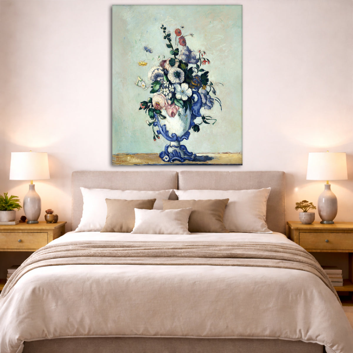 Paul Cézanne - Flowers in a Rococo Giclée canvas print displayed above a bed in a bedroom interior