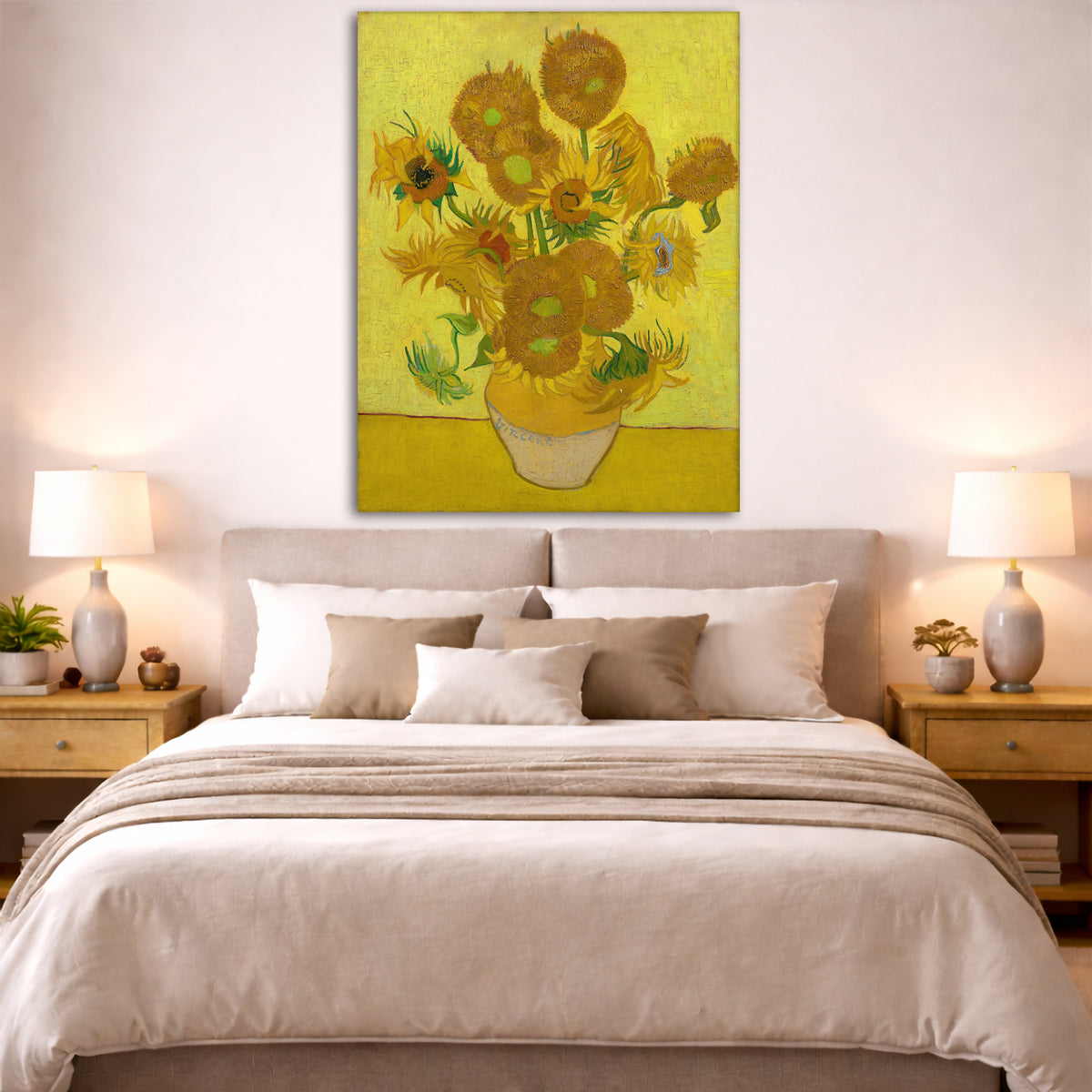 Vincent van Gogh - Sunflowers in a Vase Giclée canvas print displayed above a bed in a bedroom interior