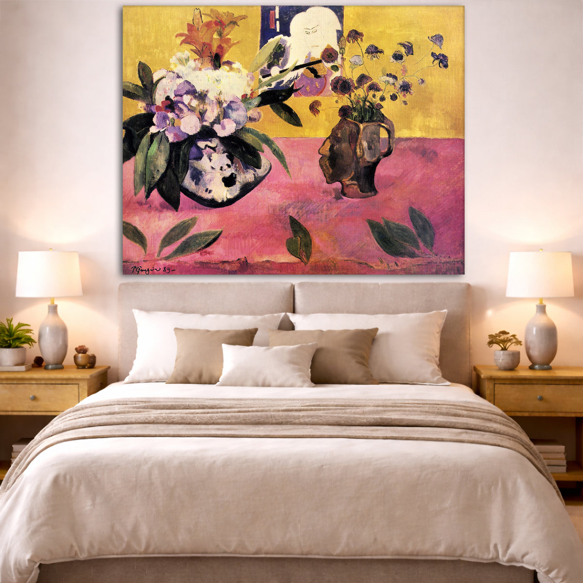 Paul Gauguin - Still Life with Japanese Print Giclée canvas print displayed above a bed in a bedroom interior
