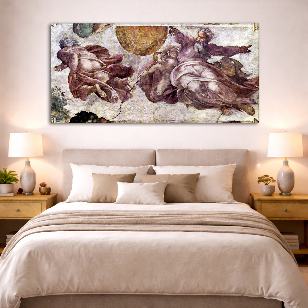 Michelangelo - Sistine Chapel Giclée canvas print displayed above a bed in a bedroom interior