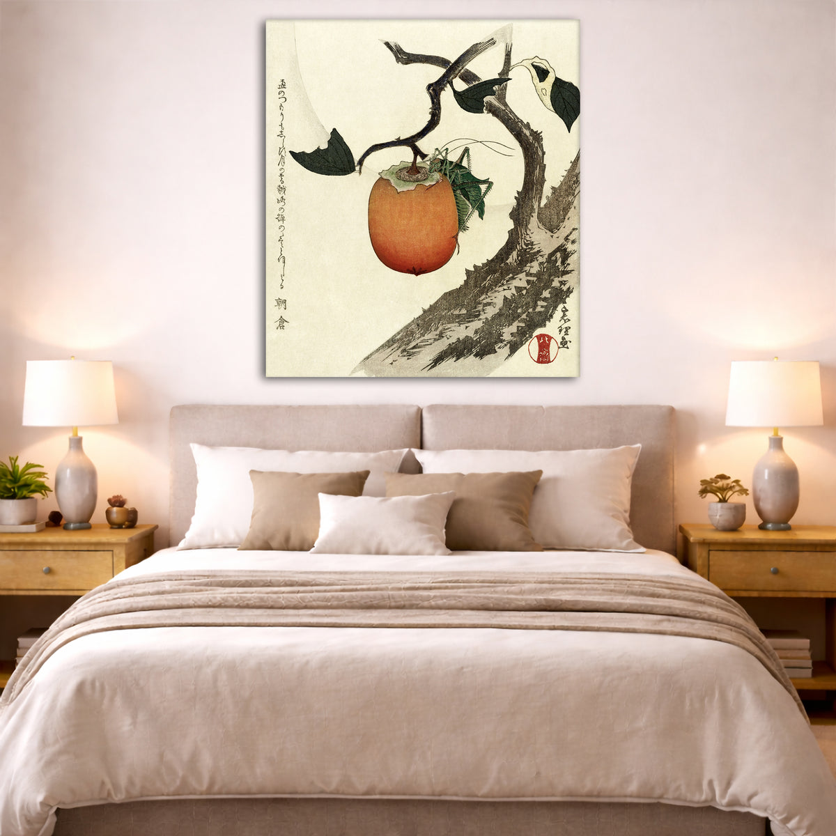 Katsushika Hokusai - Persimmon and Grasshopper Giclée canvas print displayed above a bed in a bedroom interior