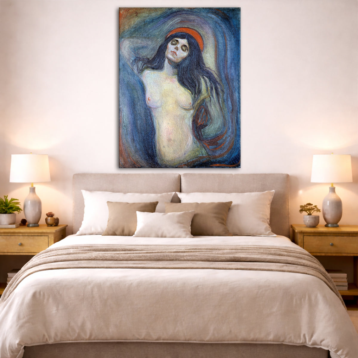 Edvard Munch - Madonna Giclée canvas print displayed above a bed in a bedroom interior