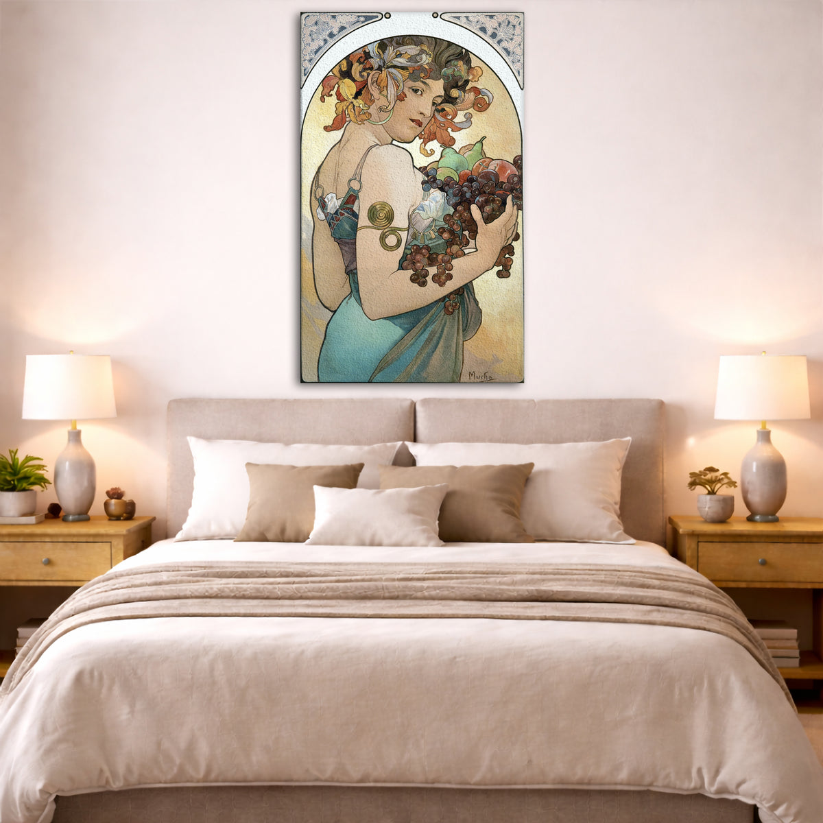 Alphonse Mucha - – Fruit Giclée canvas print displayed above a bed in a bedroom interior