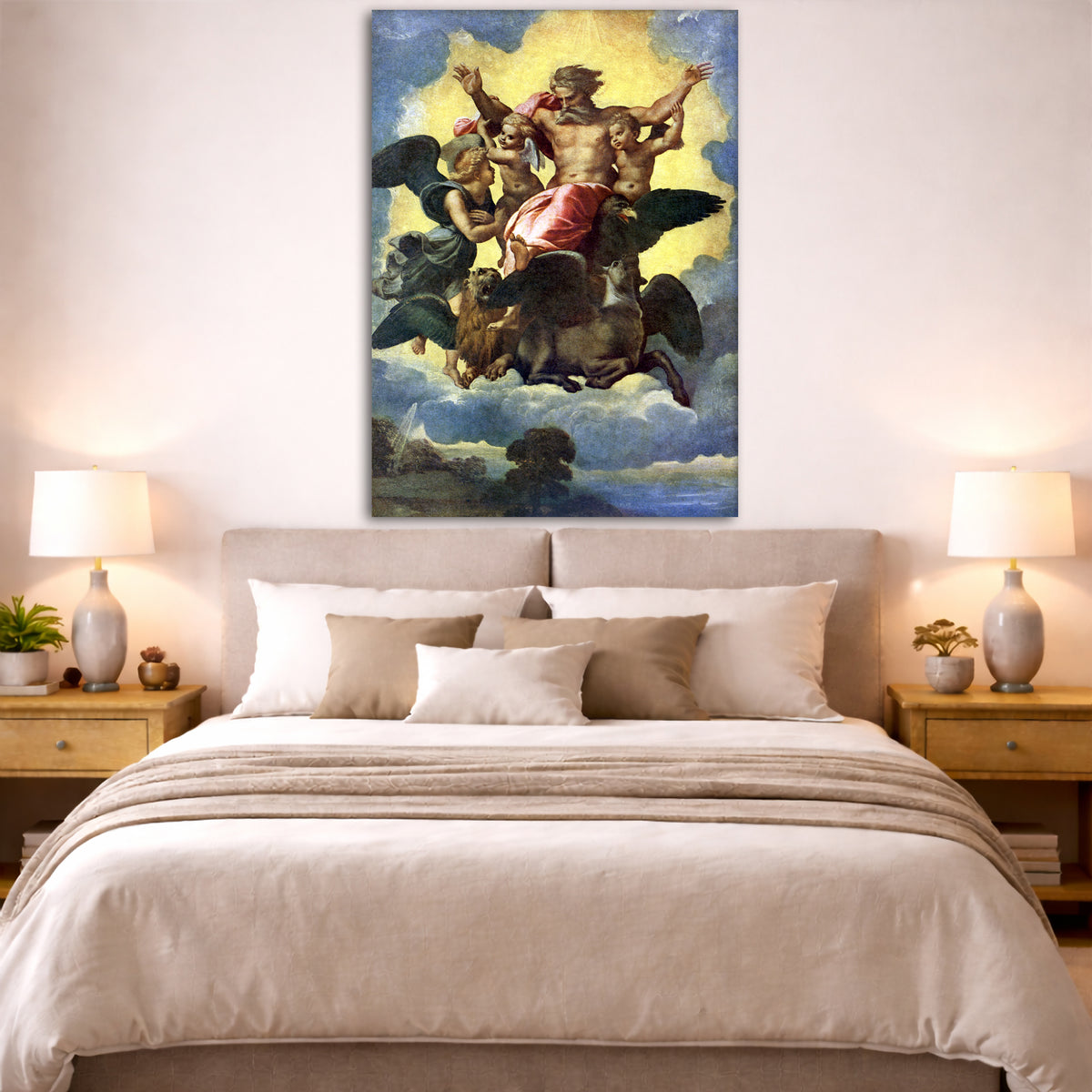 Raphael - Vision of Ezekiel Giclée canvas print displayed above a bed in a bedroom interior