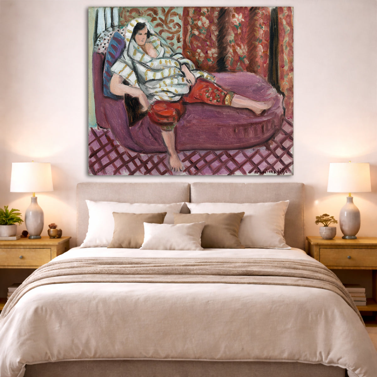 Henri Matisse - Woman on a Pink Divan Giclée canvas print displayed above a bed in a bedroom interior